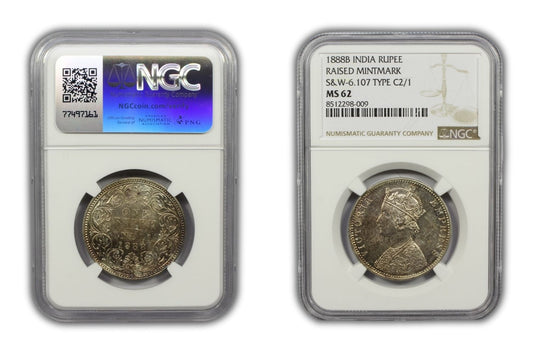 1888 B British India Silver Rupee Coin NGC MS62 Raised Mintmark Type C2/1