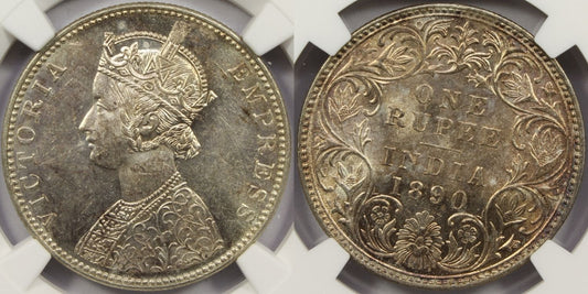 1890 B British India Silver Rupee Coin NGC MS62