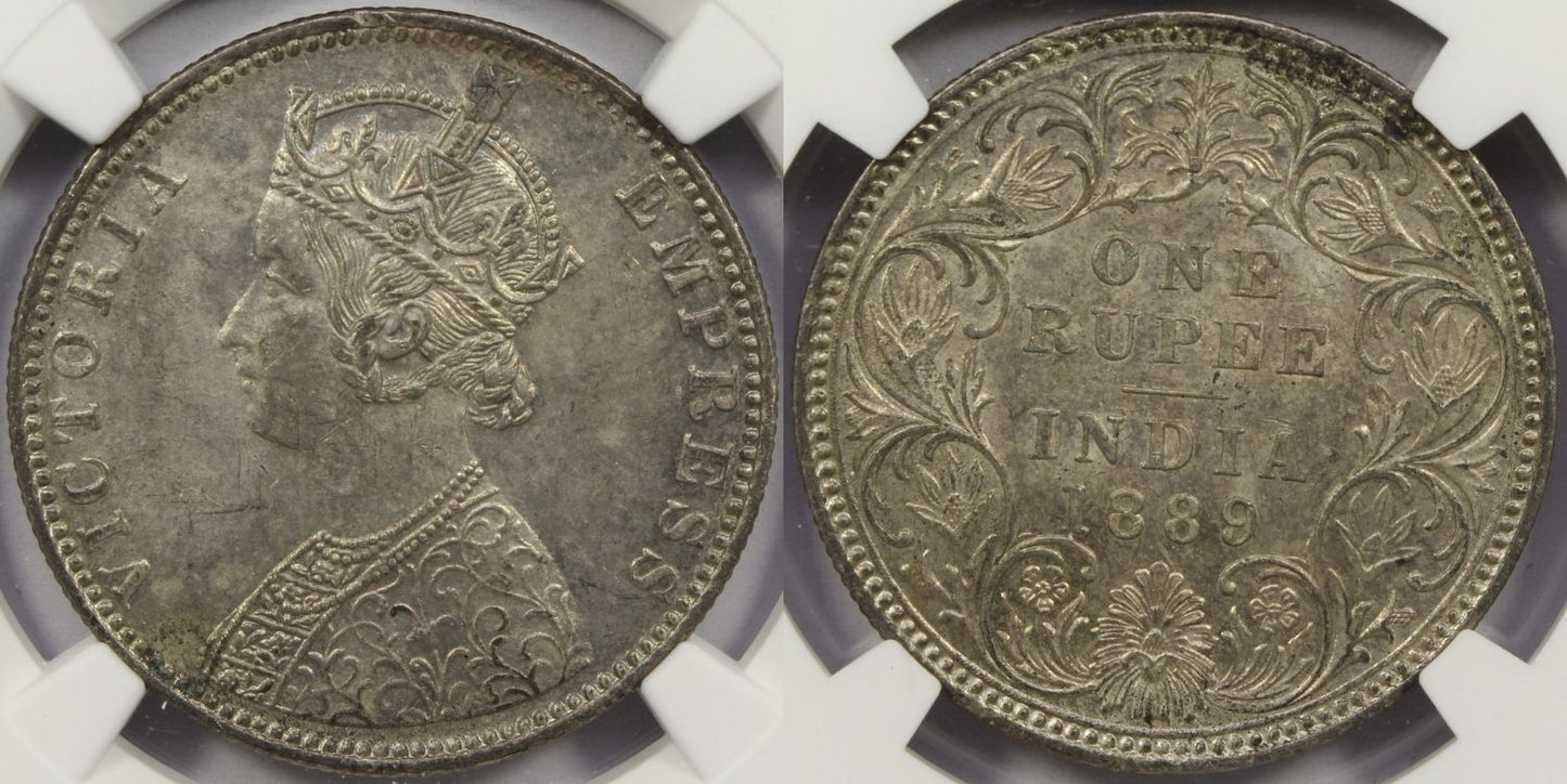 1889 B British India Silver Rupee Coin NGC MS63 Raised Mintmark