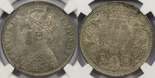 1889 B British India Silver Rupee Coin NGC MS63 Raised Mintmark
