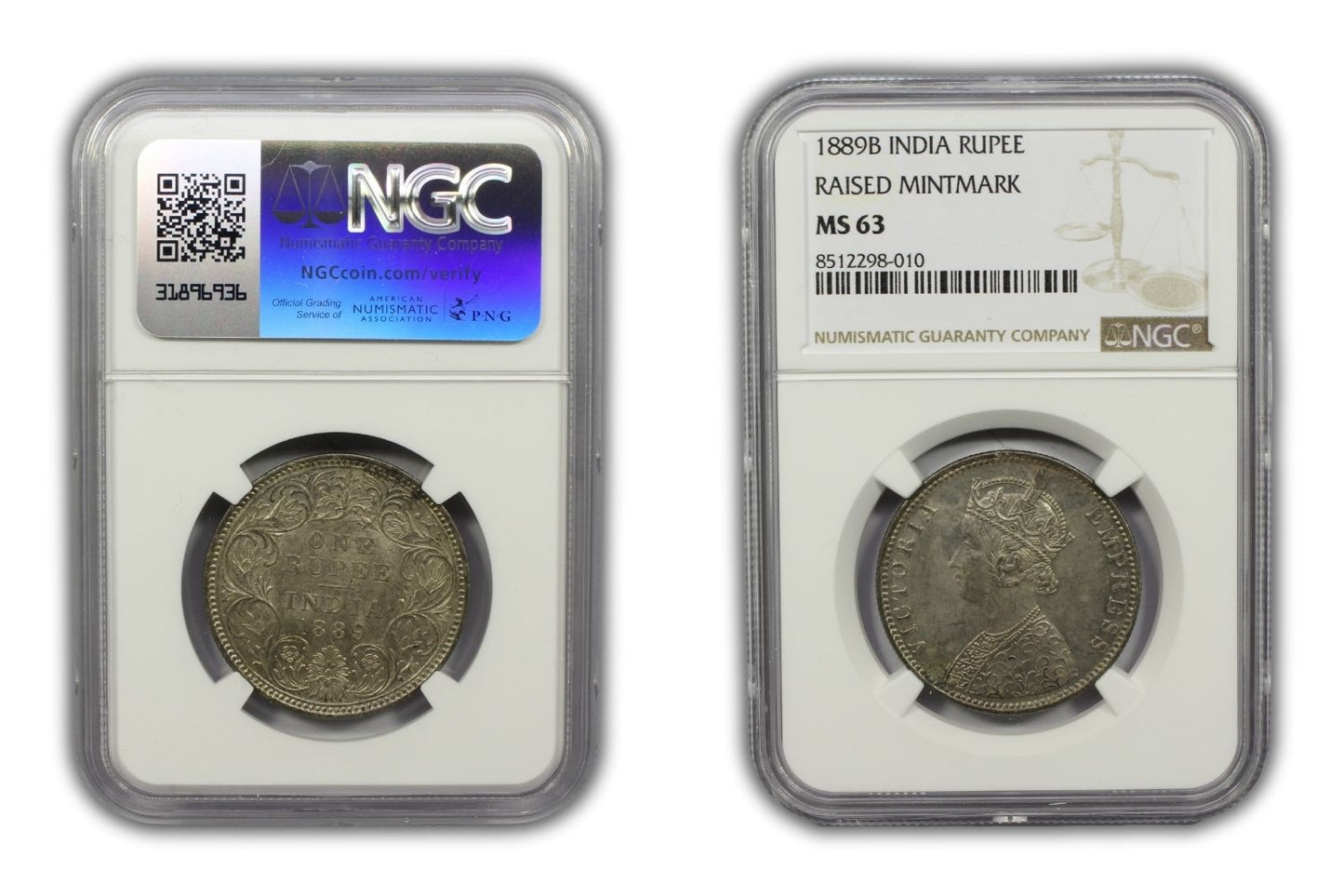 1889 B British India Silver Rupee Coin NGC MS63 Raised Mintmark