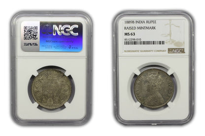 1889 B British India Silver Rupee Coin NGC MS63 Raised Mintmark