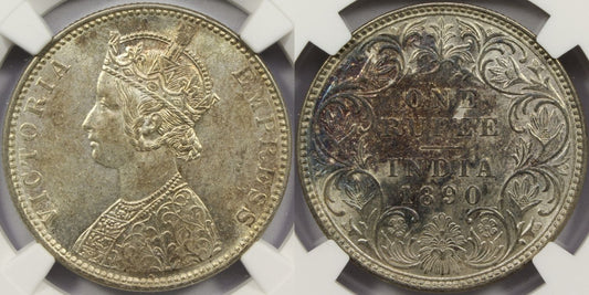 1890 B British India Silver Rupee Coin NGC MS61