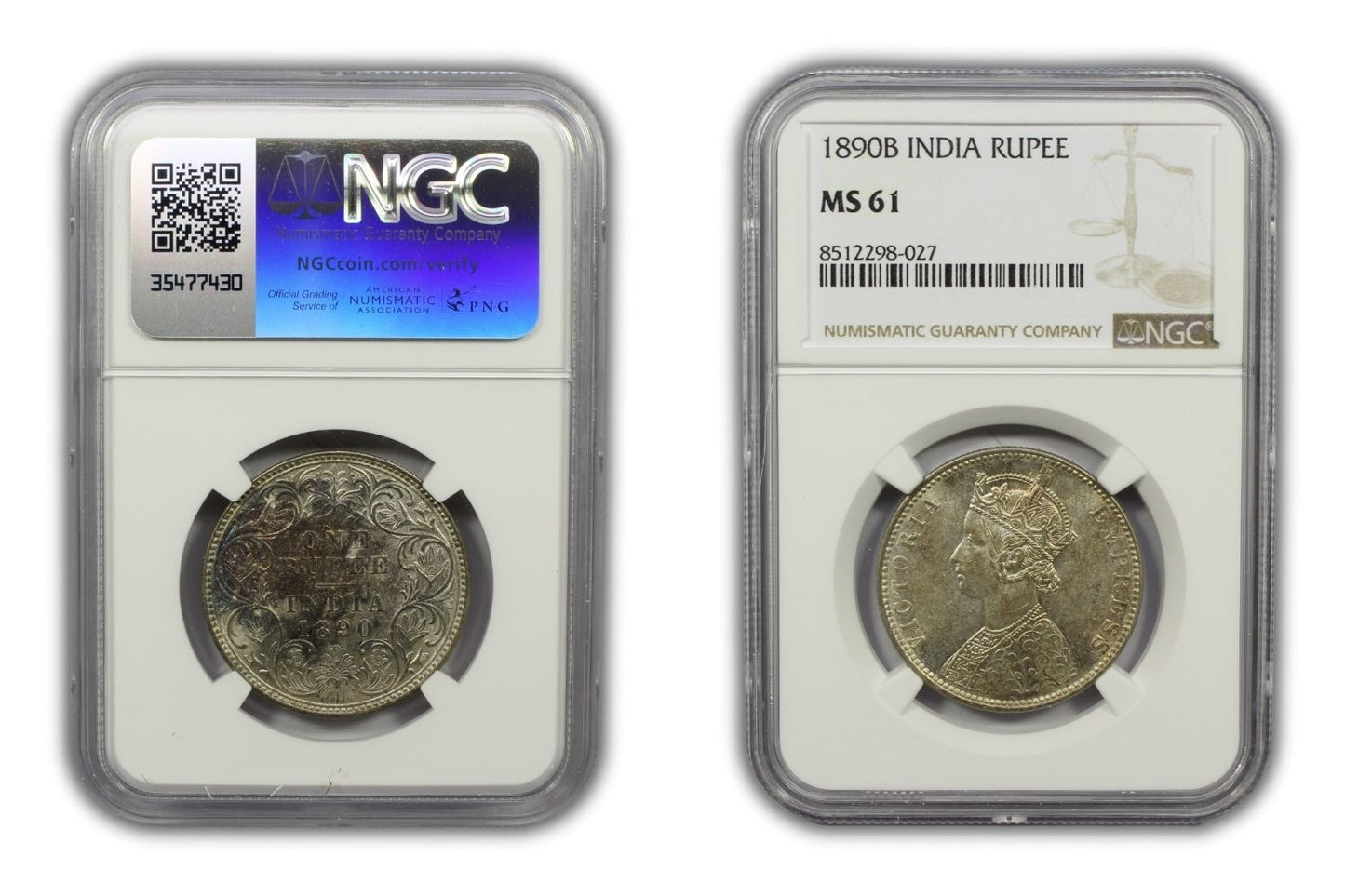 1890 B British India Silver Rupee Coin NGC MS61