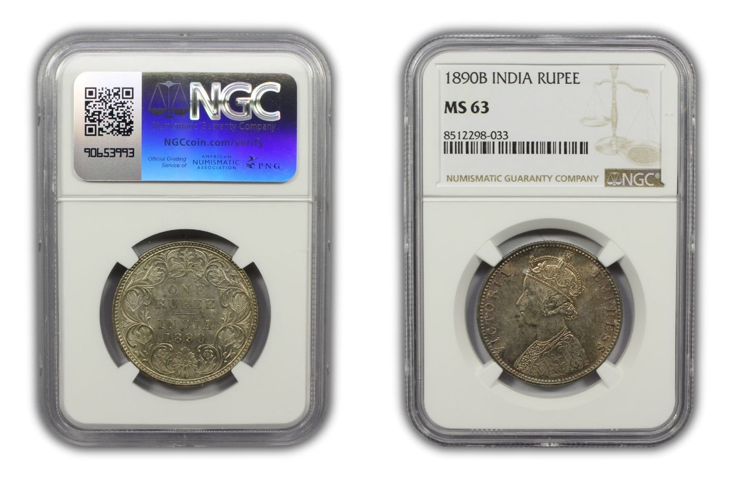 1890 B British India Silver Rupee Coin NGC MS63
