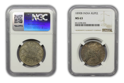 1890 B British India Silver Rupee Coin NGC MS63