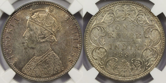 1890 B British India Silver Rupee Coin NGC MS63
