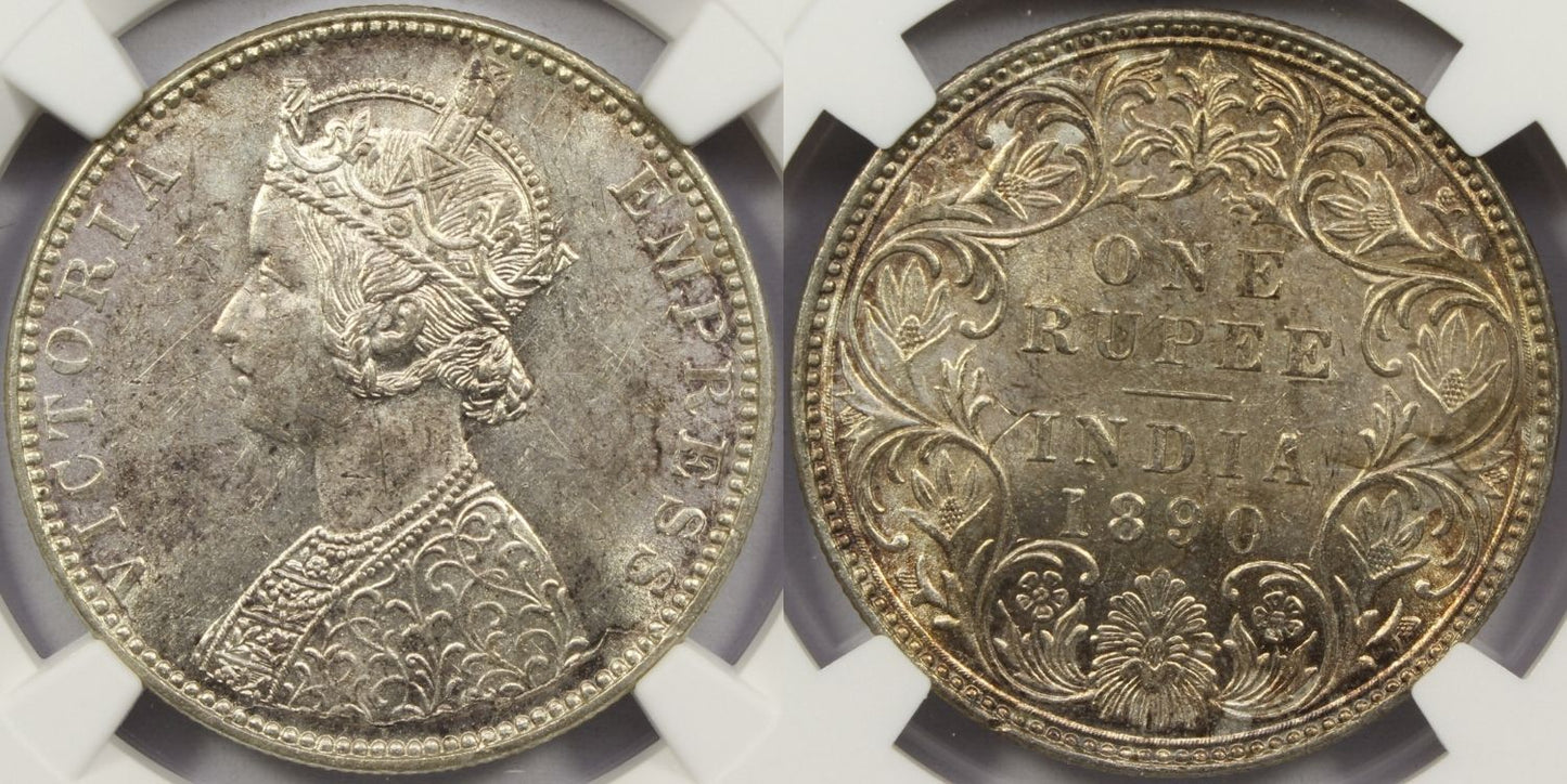 1890 B British India Silver Rupee Coin NGC MS62