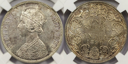 1890 B British India Silver Rupee Coin NGC MS62