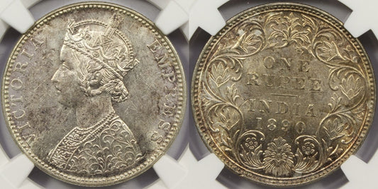 1890 B British India Silver Rupee Coin NGC MS62