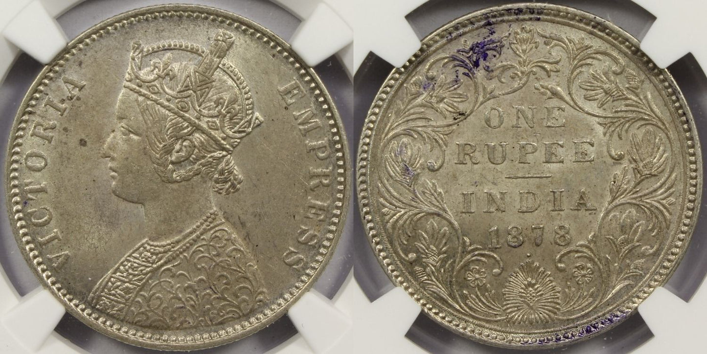 1878 B British India Silver Rupee Coin NGC MS63
