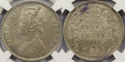 1878 B British India Silver Rupee Coin NGC MS63