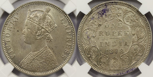 1878 B British India Silver Rupee Coin NGC MS63