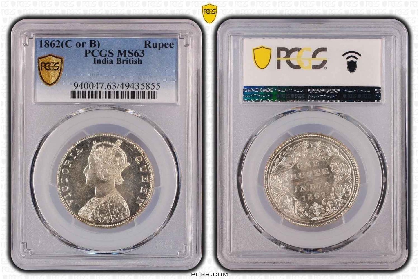 1862 C or B British India Rupee Coin PCGS MS63