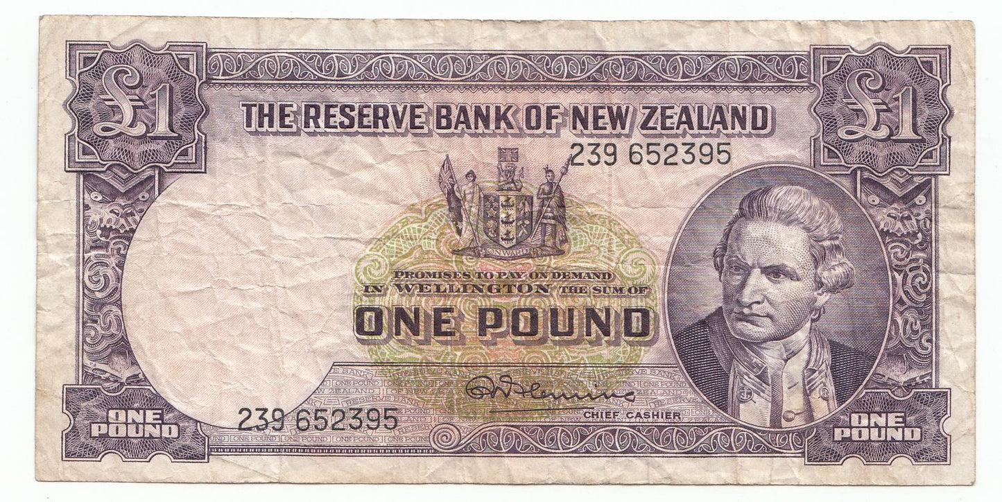 1956 – 1967 New Zealand R.N. Fleming 1 Pound Note F