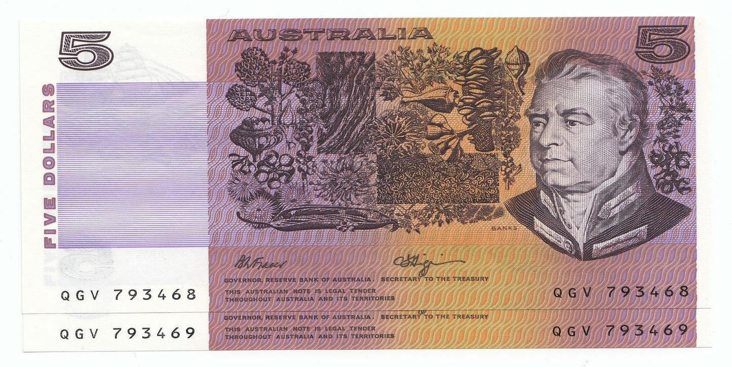 1990 Australia Fraser Higgins $5 Note UNC X 2 Consecutive Serial Number PAIR