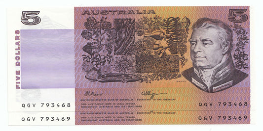 1990 Australia Fraser Higgins $5 Note UNC X 2 Consecutive Serial Number PAIR