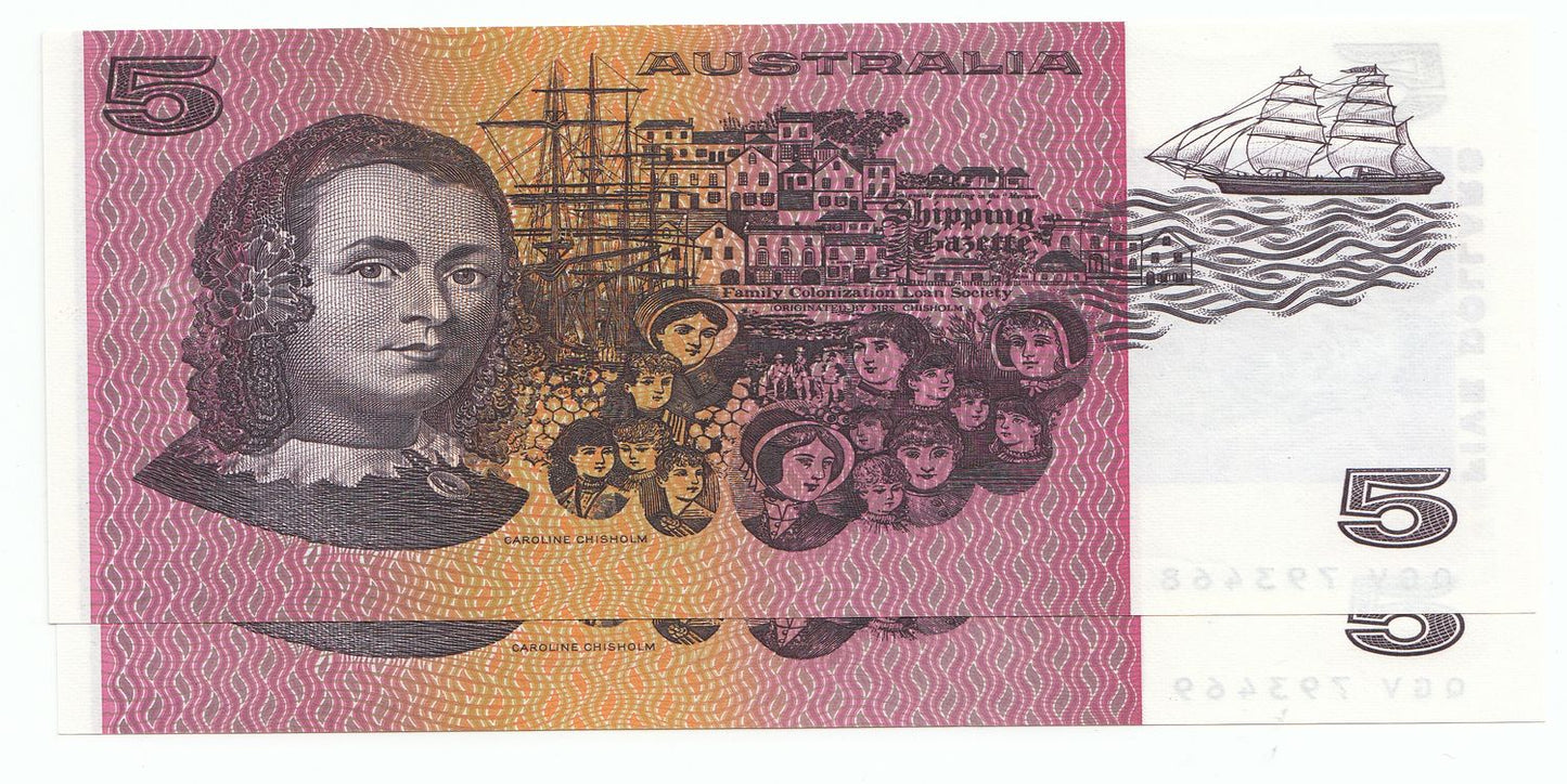 1990 Australia Fraser Higgins $5 Note UNC X 2 Consecutive Serial Number PAIR