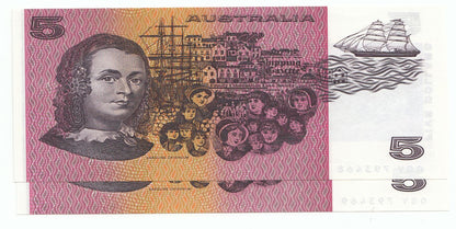 1990 Australia Fraser Higgins $5 Note UNC X 2 Consecutive Serial Number PAIR
