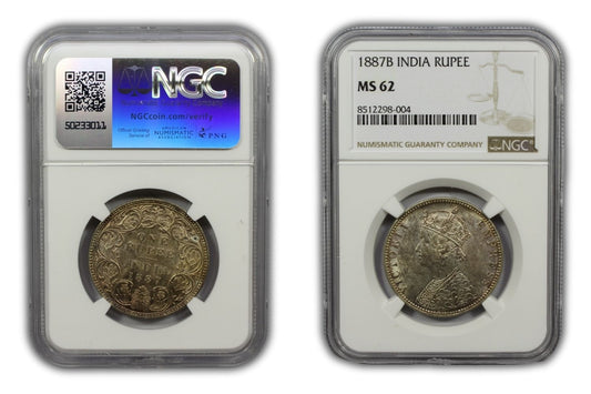 1887 B British India Silver Rupee Coin NGC MS62