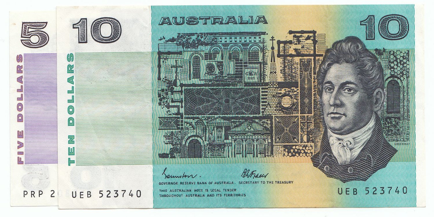 1985 Australia Johnston Fraser $5 $10 Note (2) gVF- EF