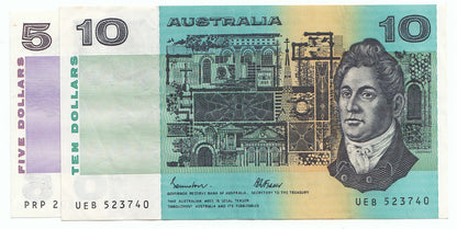 1985 Australia Johnston Fraser $5 $10 Note (2) gVF- EF
