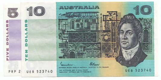 1985 Australia Johnston Fraser $5 $10 Note (2) gVF- EF