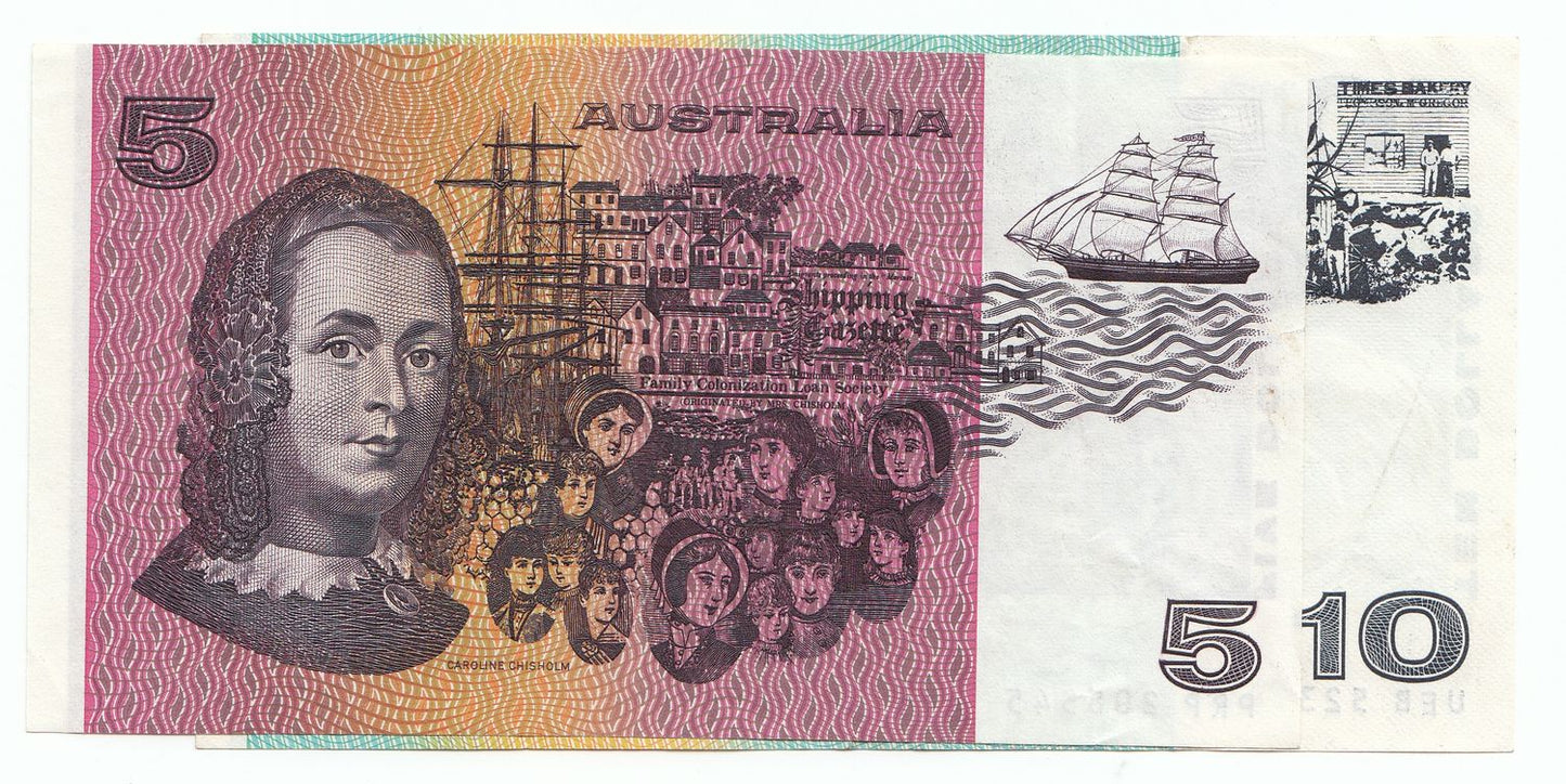 1985 Australia Johnston Fraser $5 $10 Note (2) gVF- EF