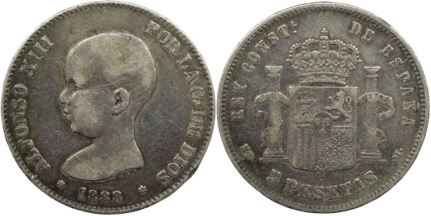 1888 Spain Silver 5 Pesetas Alfonso XIII Coin F Details