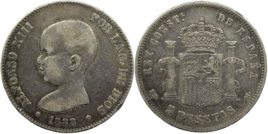 1888 Spain Silver 5 Pesetas Alfonso XIII Coin F Details