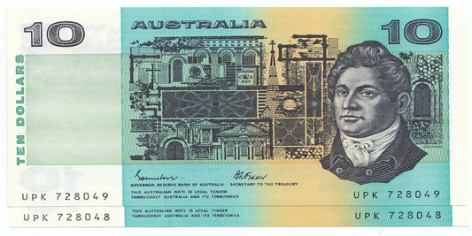 1985 Australia Johnston Fraser $10 Note UNC X 2 Consecutive Serial Number PAIR