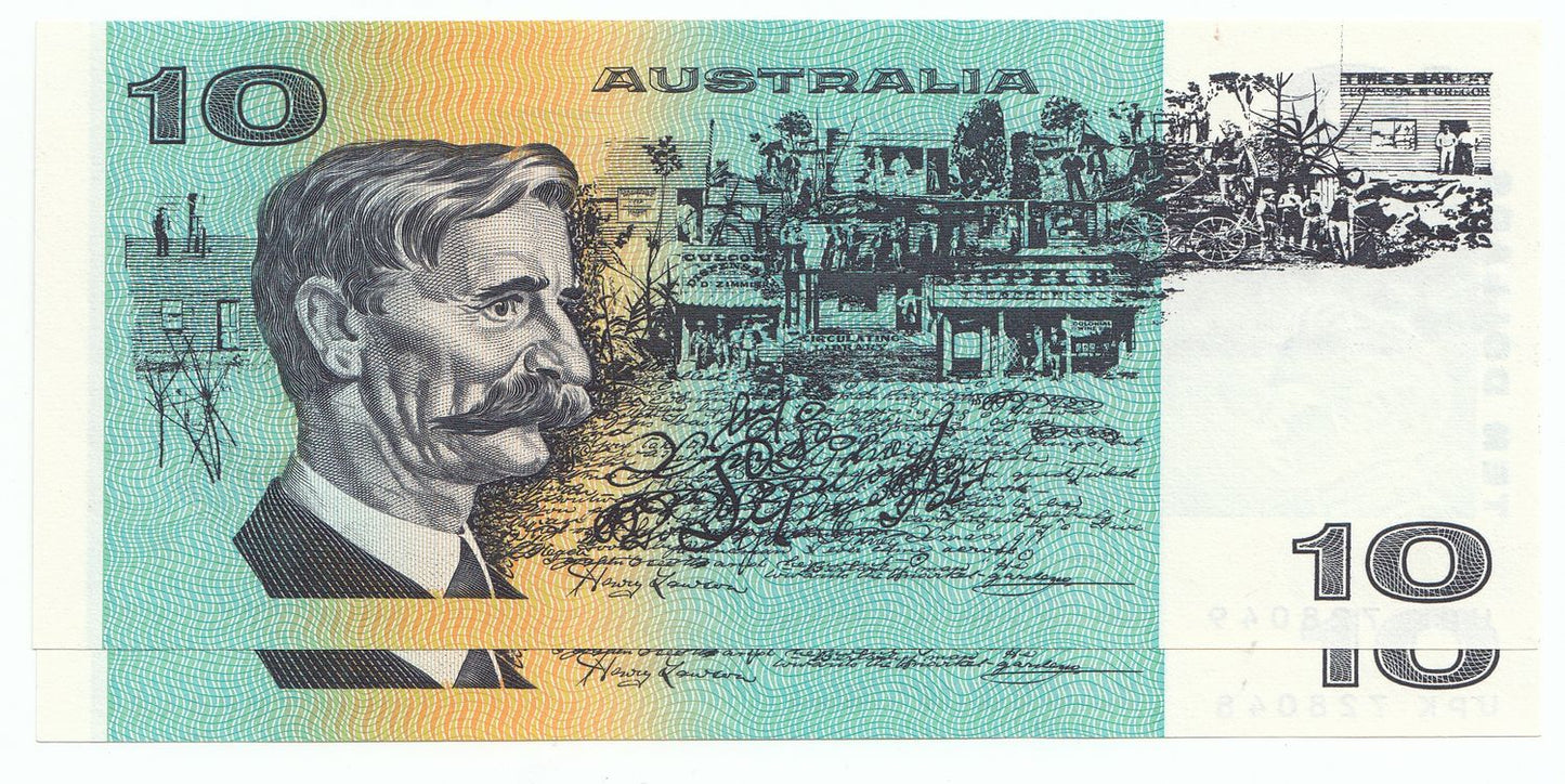 1985 Australia Johnston Fraser $10 Note UNC X 2 Consecutive Serial Number PAIR