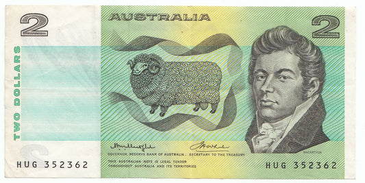1976 Australia Knight Wheeler OCRB Side Thread $2 Note WHOLESOME HUG PREFIX gF
