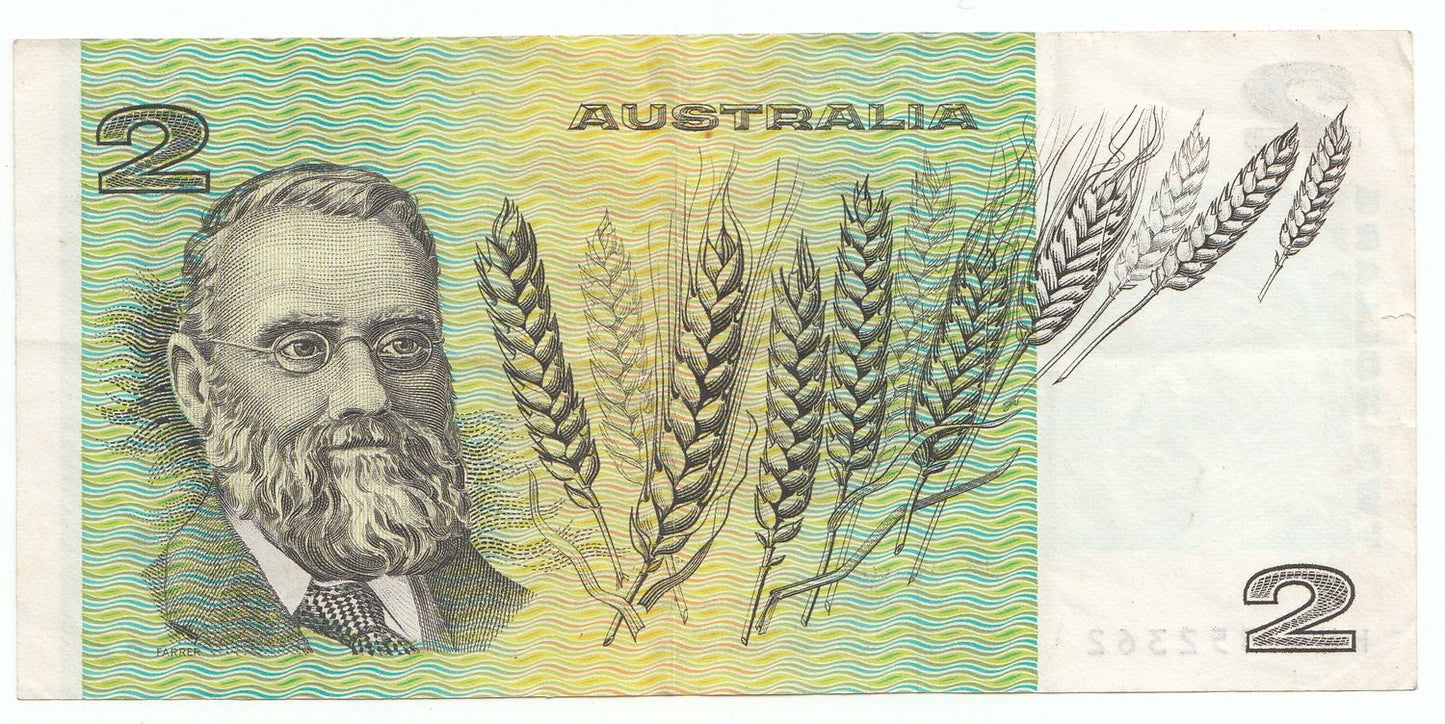 1976 Australia Knight Wheeler OCRB Side Thread $2 Note WHOLESOME HUG PREFIX gF