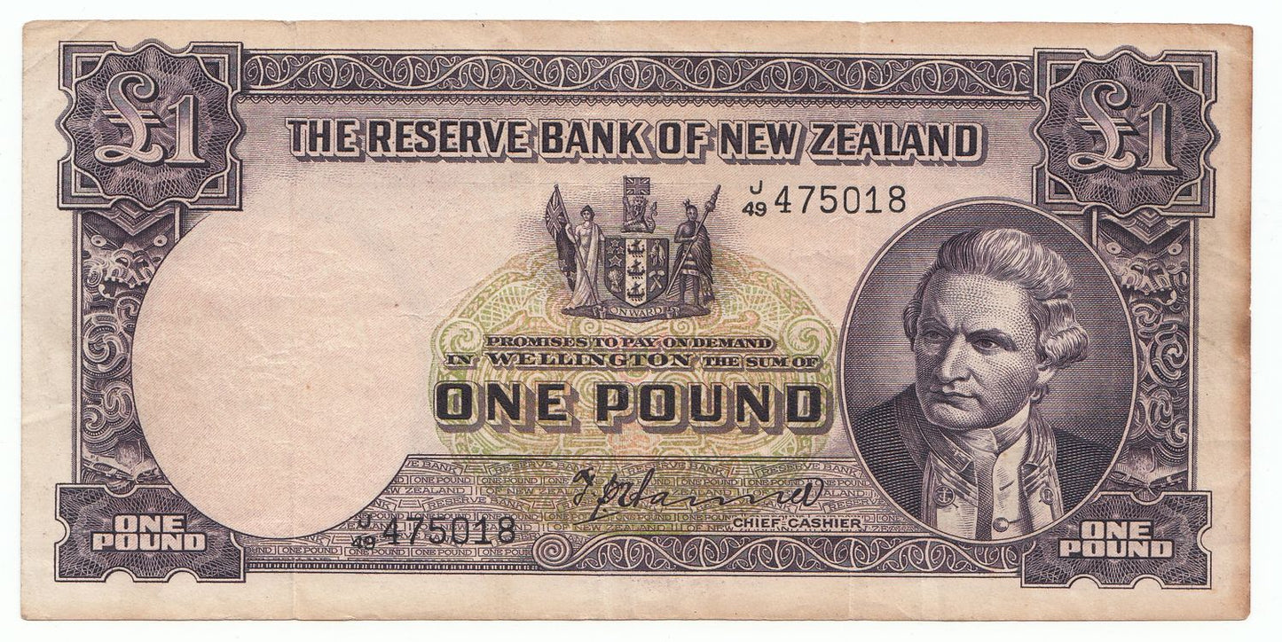1949 New Zealand T.P. Hanna 1 Pound Note gF – aVF Details