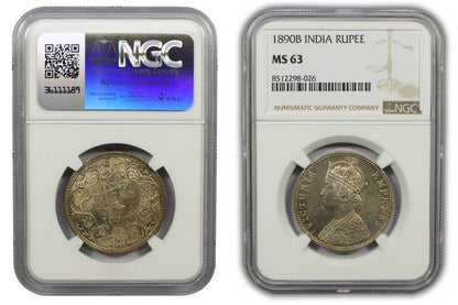 1890 B British India Silver Rupee Coin NGC MS63