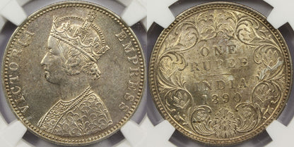 1890 B British India Silver Rupee Coin NGC MS63