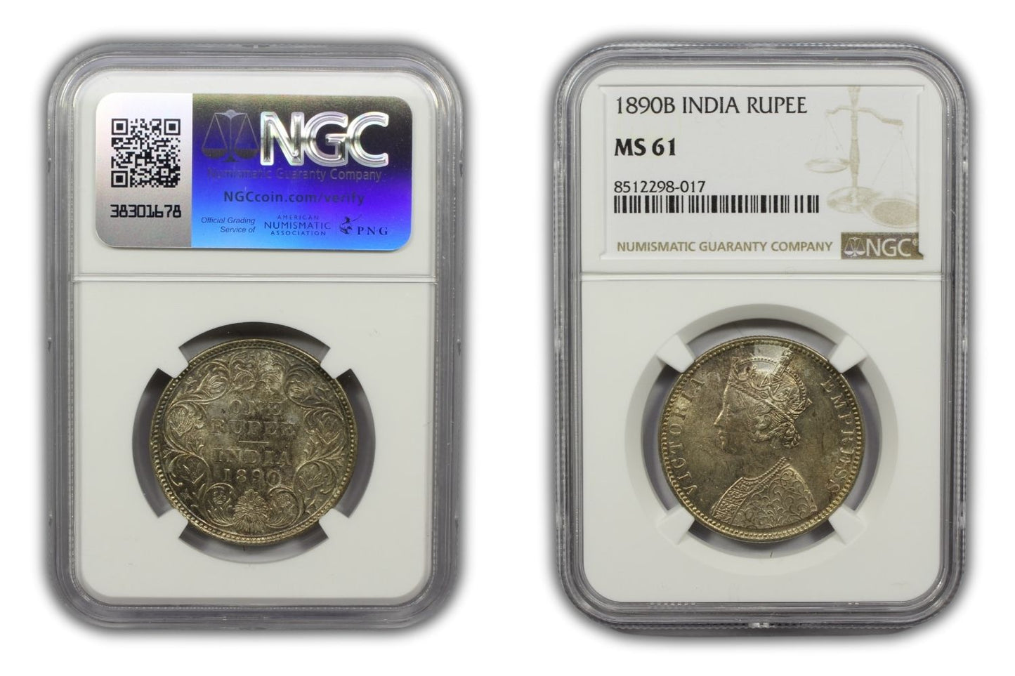 1890 B British India Silver Rupee Coin NGC MS61
