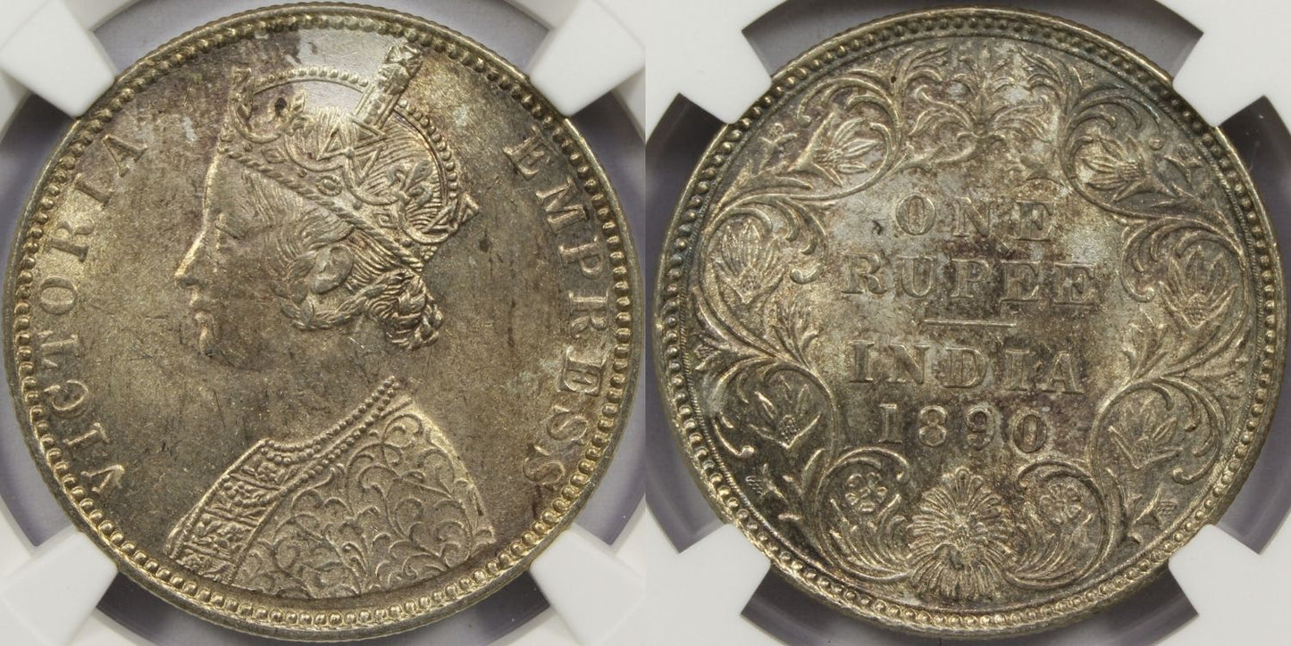 1890 B British India Silver Rupee Coin NGC MS61