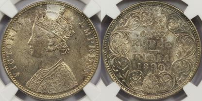 1890 B British India Silver Rupee Coin NGC MS61