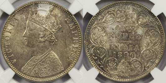 1890 B British India Silver Rupee Coin NGC MS61
