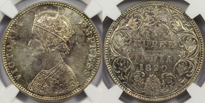1890 B British India Silver Rupee Coin NGC UNC
