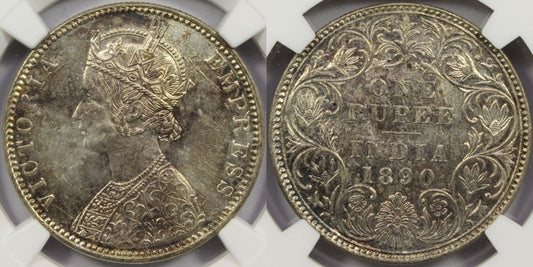 1890 B British India Silver Rupee Coin NGC UNC