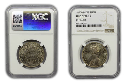 1890 B British India Silver Rupee Coin NGC UNC