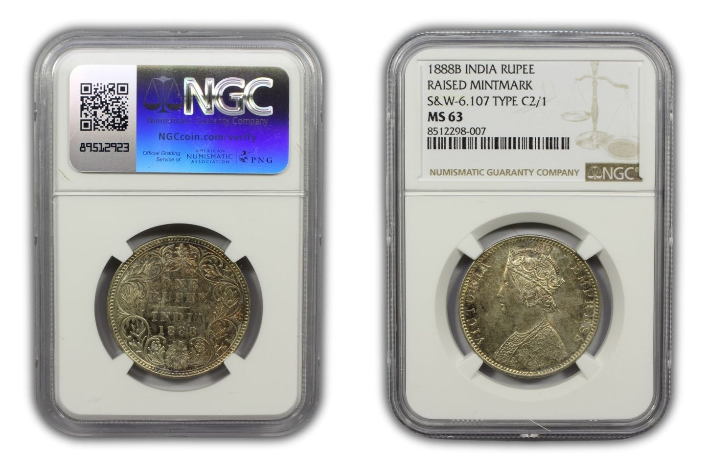 1888 B British India Silver Rupee Coin NGC MS63 Raised Mintmark Type C2/1