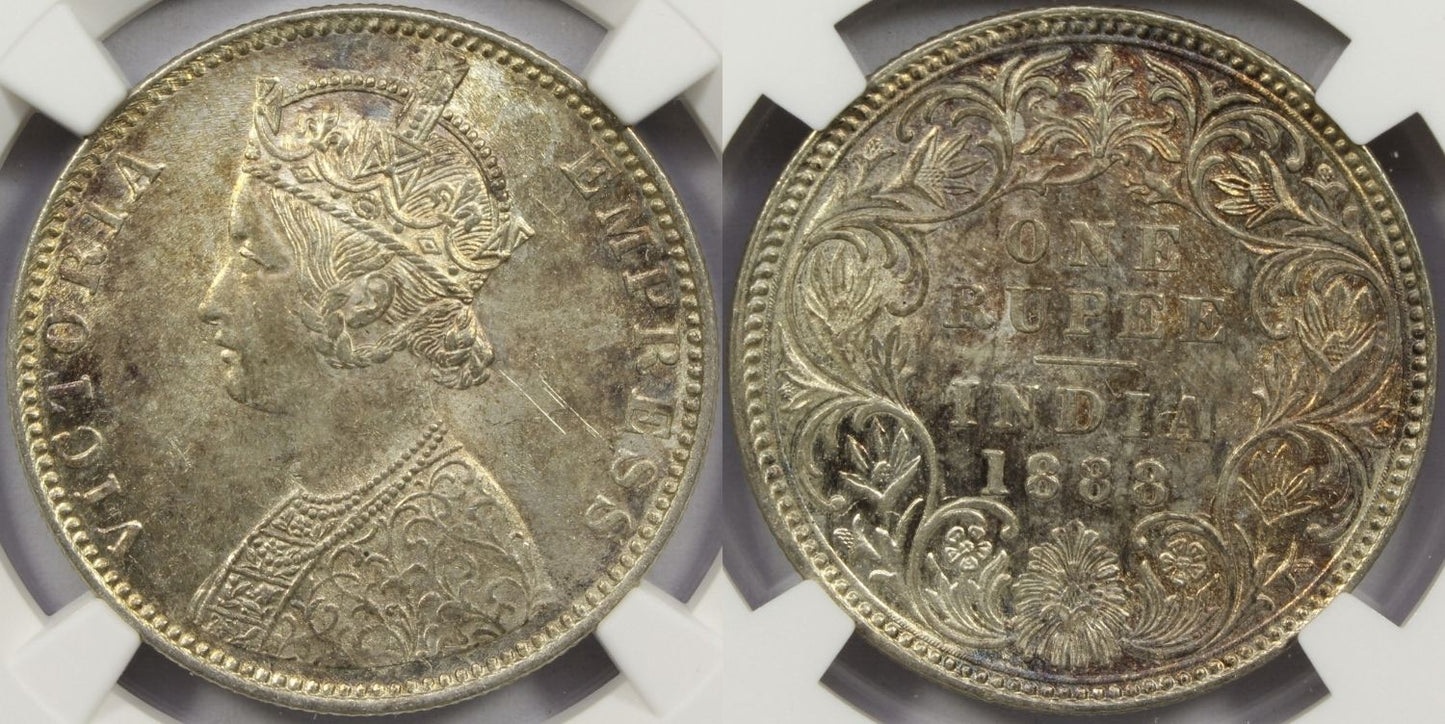 1888 B British India Silver Rupee Coin NGC MS63 Raised Mintmark Type C2/1