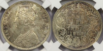 1888 B British India Silver Rupee Coin NGC MS63 Raised Mintmark Type C2/1