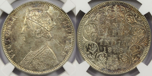 1888 B British India Silver Rupee Coin NGC MS63 Raised Mintmark Type C2/1