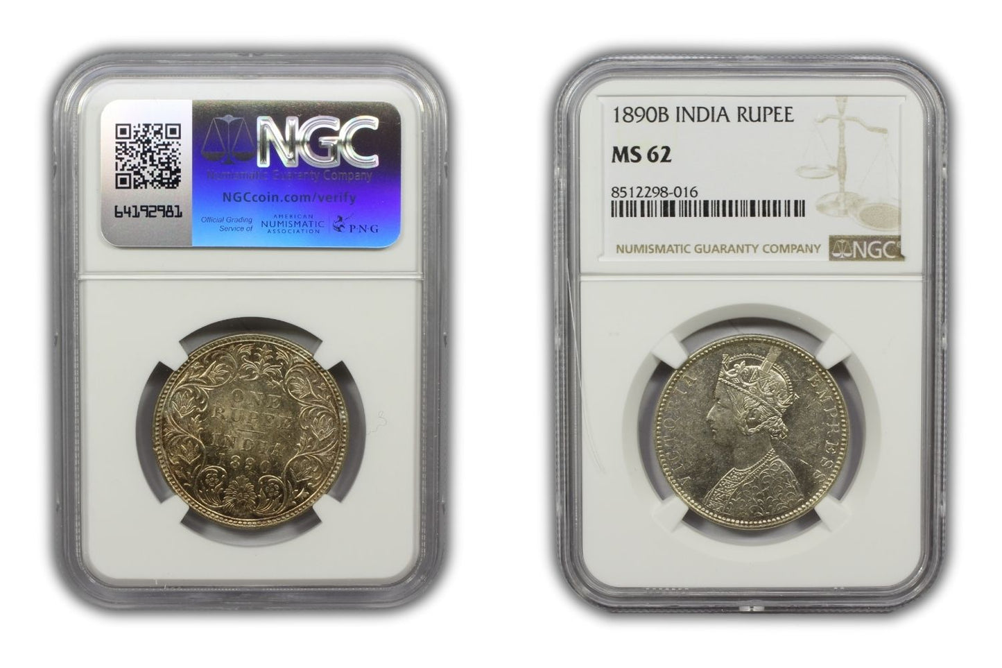 1890 B British India Silver Rupee Coin NGC MS62