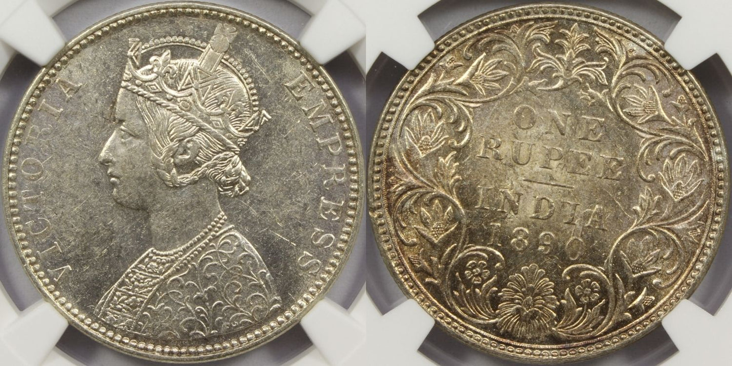 1890 B British India Silver Rupee Coin NGC MS62